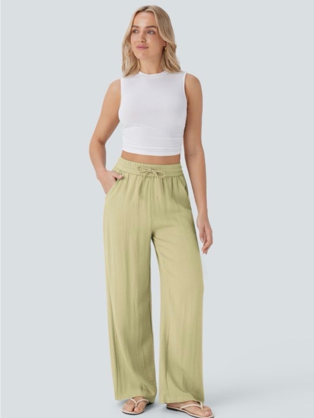HALARA Light Olive Wide-Leg Drawstring Pants
